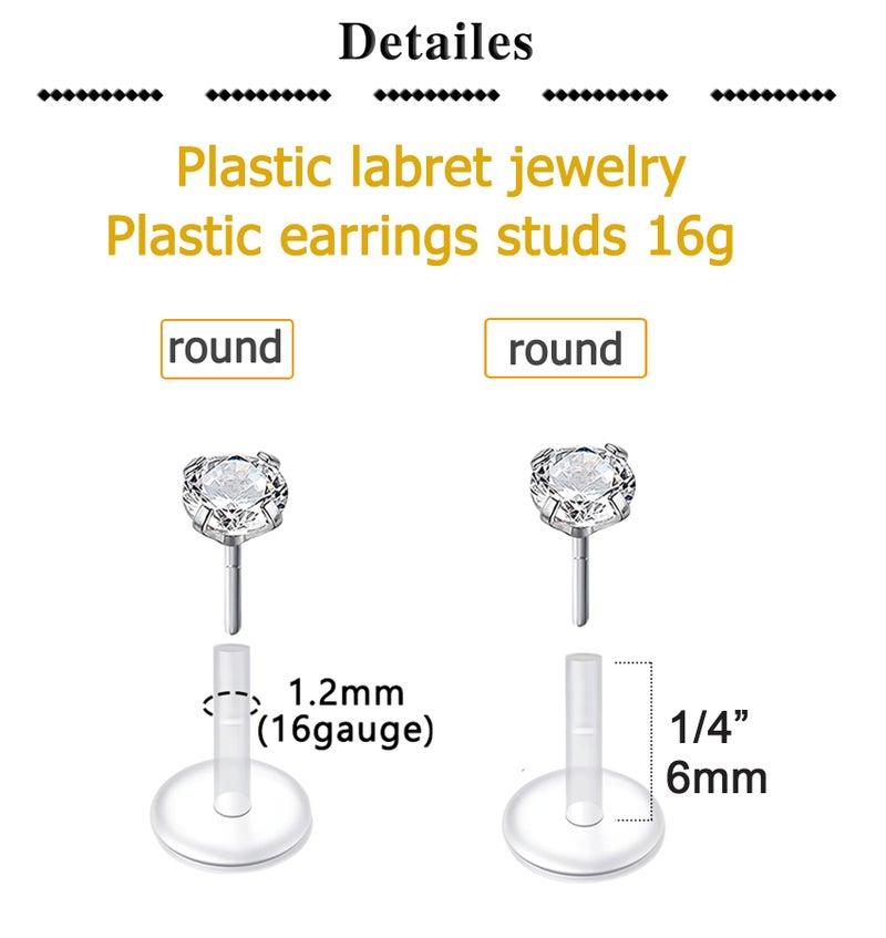 QWALIT 16G platsic Labret Jewelry Plastic Lip Studs Cartilage Earrings Tragus Helix Earrings Push in Flexible Labret Piercing Jewelry Medusa Lip Piercing jewelry 1/4" 6mm Bar - Image 2